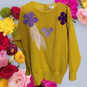 VINTAGE HAND LOOMED KNIT YELLOW FLORAL PULLOVER SWEATER BOATNECK YELLOW SWEATER